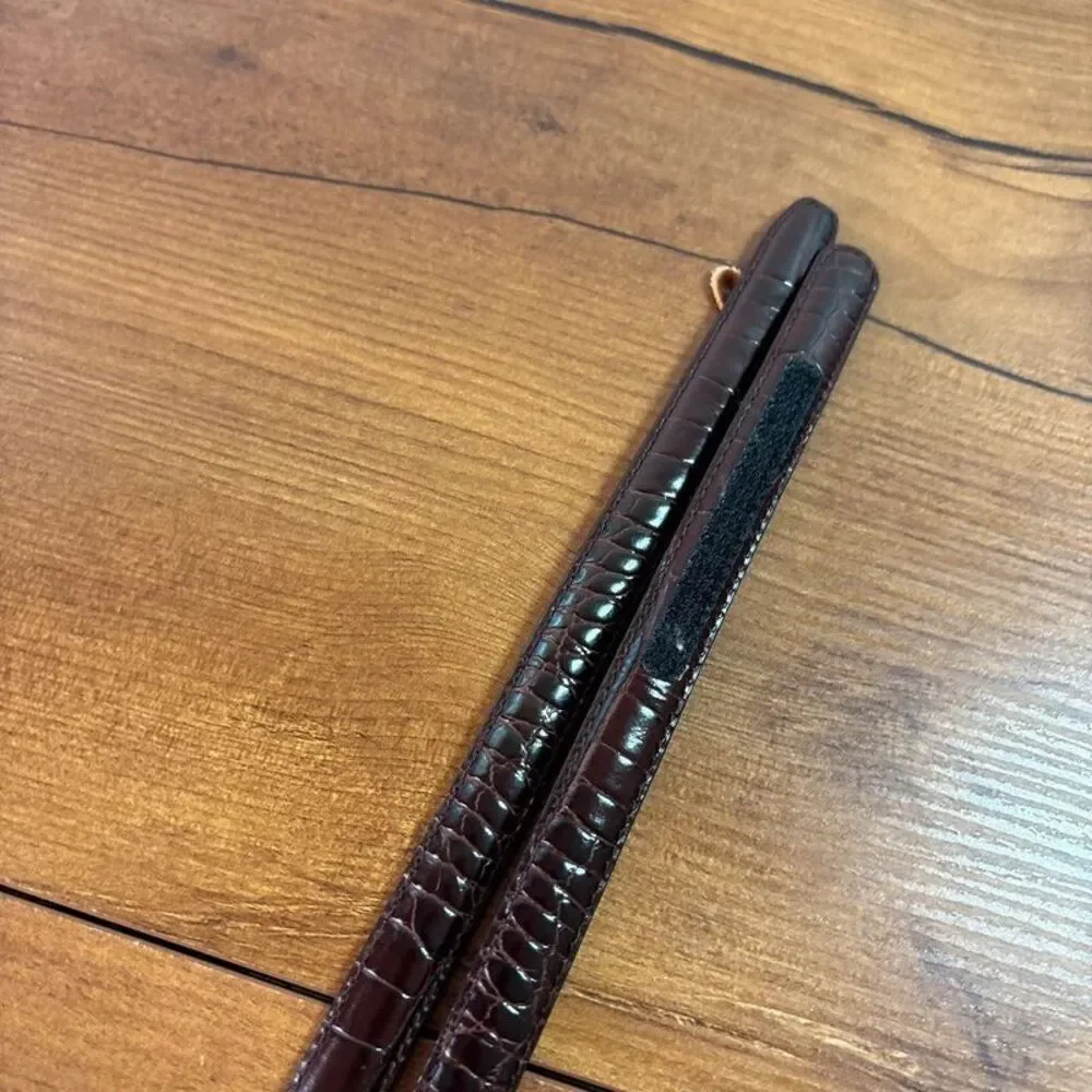 Tanner Italian Leather Crocodile Embossed Slim Cinch Belt Med Brown Adjustable
